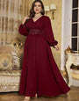 Elegant Georgette V-Neck Sequin Waist Maxi Gown – Full Sleeve Evening Party Dress for Women Maroon