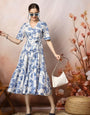 Stylish Cotton Floral Print Calf-Length Dress for Women | V-Neck, Belted Waist, Short Sleeves, Blue Berry