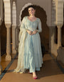 Georgette Anarkali Gown Set with Lace Dupatta | Layered Flare & Plazo | Festive & Traditional Wear| Sky Blue