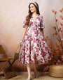 Stylish Cotton Floral Print Calf-Length Dress for Women | V-Neck, Belted Waist, Short Sleeves, Lavender Pink