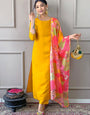 Elegant Cotton Kurta Set with Chanderi Printed Dupatta & Matching Pants – Stylish Ethnic Wear - Yellow