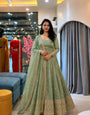 Women’s Sage Green Crunchy Silk Embroidered Gown Set