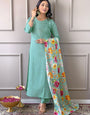 Elegant Cotton Kurta Set with Chanderi Printed Dupatta & Matching Pants – Stylish Ethnic Wear - Sky Blue
