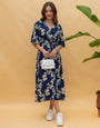 Floral Digital Print A-Line Midi Dress | Navy Blue | American Crepe Fabric | Casual Wear