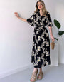 Floral Digital Print A-Line Midi Dress | Night Black | American Crepe Fabric | Casual Wear