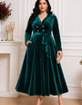 Women's Emerald Green Velvet A-Line Maxi Dress with Belt | Elegant Evening Wear