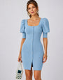 Women's Sky Blue Puff Sleeve Lycra Romper | Square Neck Bodycon Playsuit
