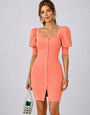Women's Peach Puff Sleeve Lycra Romper | Square Neck Bodycon Playsuit