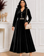 Women's Black Velvet Maxi Dress with Belt | Full Sleeve Flared Party Wear Gown for Women