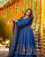 Elegant Heavy Silk Embroidered Gown Set with Palazzo & Dupatta – Festive & Wedding Wear Blue