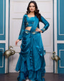 Women’s Embroidered Fandy Satin Peplum Gown Set with Dupatta – Party & Festive Wear Blue