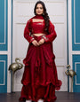 Women’s Embroidered Fandy Satin Peplum Gown Set with Dupatta – Party & Festive Wear Maroon