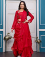 Women’s Embroidered Fandy Satin Peplum Gown Set with Dupatta – Party & Festive Wear Red