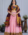 Festive Pink Jacquard Silk Lehenga Choli With Zari Weaving and Golden Border