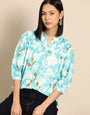 FLOWLESS FLORAL PRINTED RAYON SKY PEASANT TOP