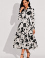 Women's Cream Floral Print Midi Dress with Mandarin Collar & Full Sleeves