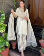 French Crepe Embroidered Suit Set with Farshi Pant & Dupatta – Cream Ethnic Wear
