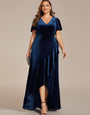 Velvet Luxe Draped Partywear Gown with V-Neck & Flared Sleeves Midnight Sapphire