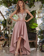 Elegant Satin Embroidered V-Neck High-Low Gown | Satin Party Dress Midnight