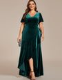 Velvet Luxe Draped partywear Gown with V-Neck & Flared Sleeves Emerald Envy