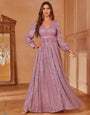 Shimmer Sequin Georgette Maxi Gown with Puff Sleeves & Cinched Waist & Evening Lavender Party Wear Gown