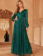 Shimmer Sequin Georgette Maxi Gown with Puff Sleeves & Cinched Waist & Evening Party Wear