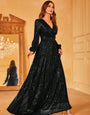 Shimmer Sequin Georgette Maxi Gown with Puff Sleeves & Cinched Waist & Evening Black Party Wear