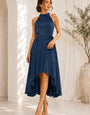 Women's Navy Blue Halter Neck High-Low Midi Dress with Waist Tie Belt