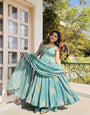 Pastel Sea Green Designer Fendy Silk Gown Sharara Set