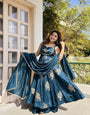 Elegant Teal Blue Fendy Silk Embroidered Gown Sharara Set