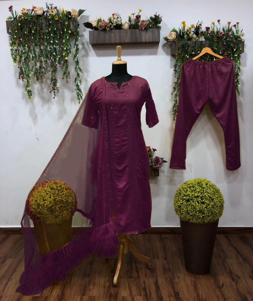 GRACEFUL RAYON EMBROIDERED BURGUNDY KURTA SET