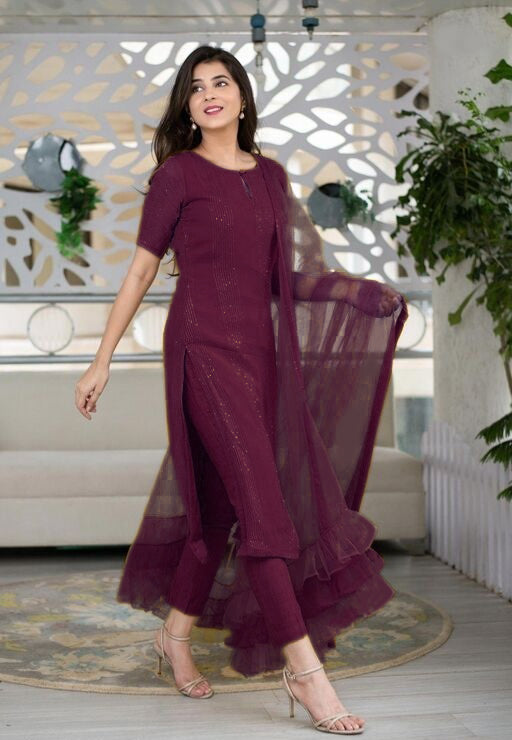 GRACEFUL RAYON EMBROIDERED BURGUNDY KURTA SET