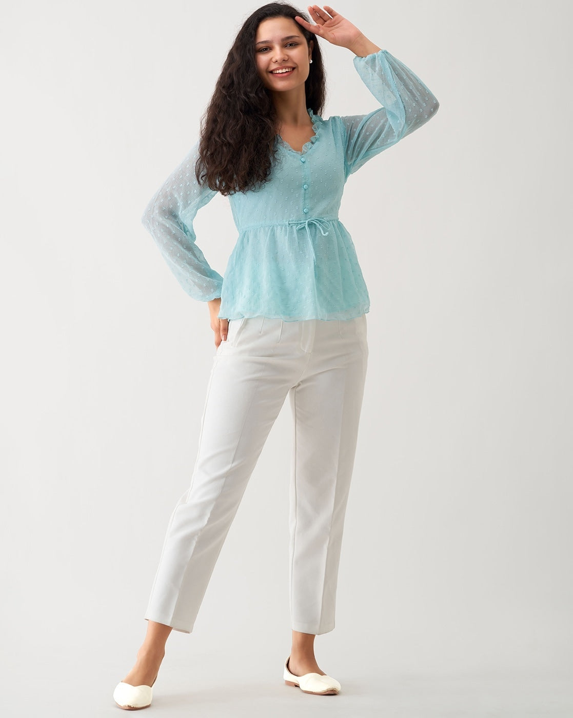 TIMELESS CHIC SKY BLUE GEORGETTE TUNIC TOP WITH BUTTI WORK💕