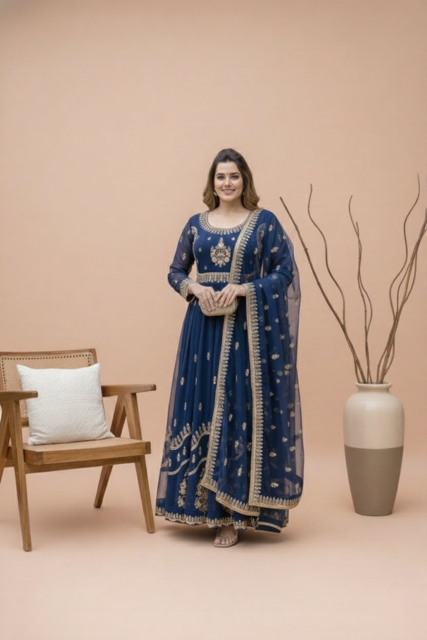 ✨ Royal Navy Blue Embroidered Georgette Maxi Gown With Dupatta