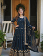 Navy Blue Embroidered Georgette Anarkali Gown With Dupatta | Designer Full Sleeve Maxi Gown for Women