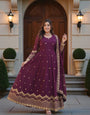 Wine Embroidered Georgette Anarkali Gown with Dupatta | Designer Full Sleeve Maxi Gown for Women