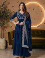 Premium Embroidered Georgette Tiered Gown With Dupatta – Fancy V-Neck, 6-Meter Flair | Festive & Wedding Wear  Royal Navy