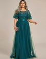 Evening Party wear  Gown with Flutter Sleeves – Floor-Length  Dress in Morpich color for Weddings and Special Occasions dress .