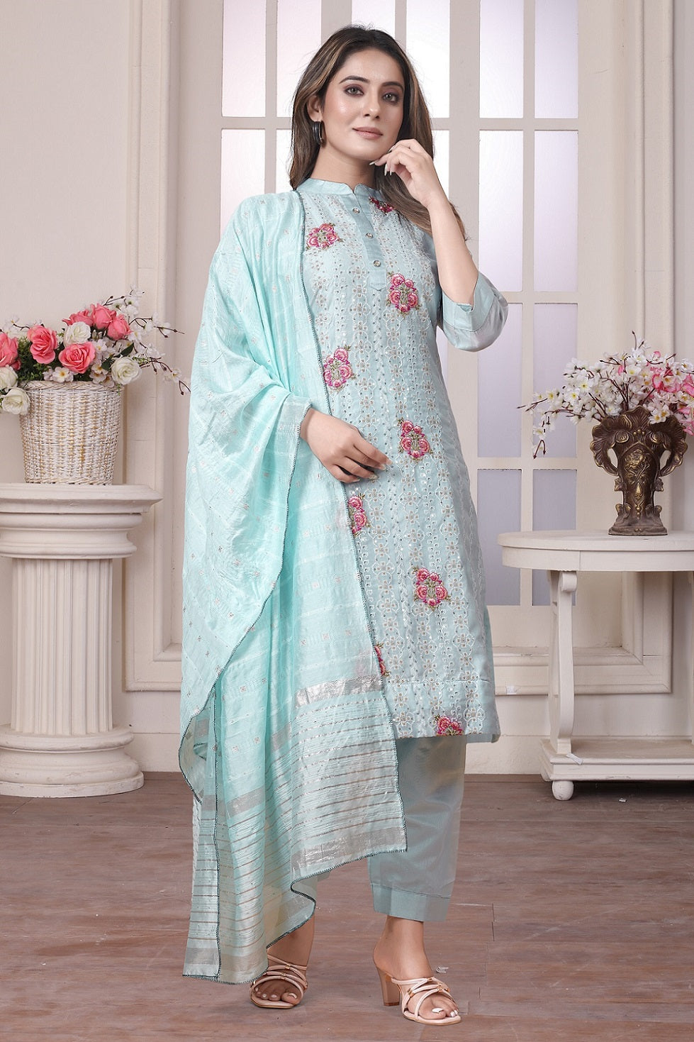 SKY BLUE MUSLIN EMBROIDERED KURTA SET