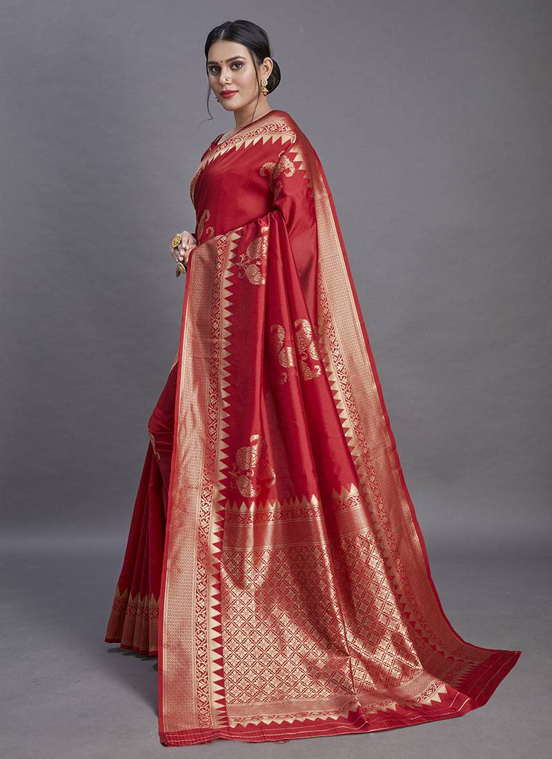 ART SILK JACQUARD BORDER SAREE : RED