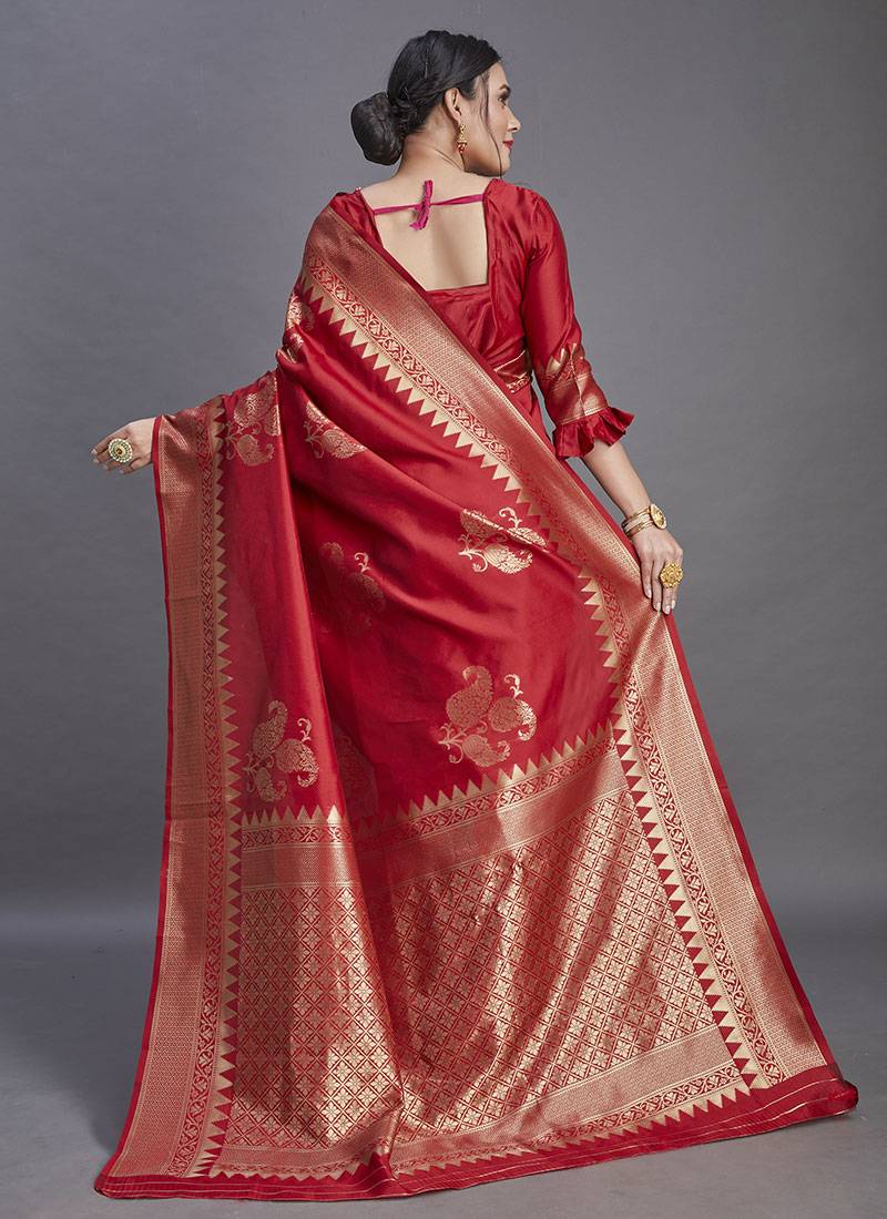 ART SILK JACQUARD BORDER SAREE : RED