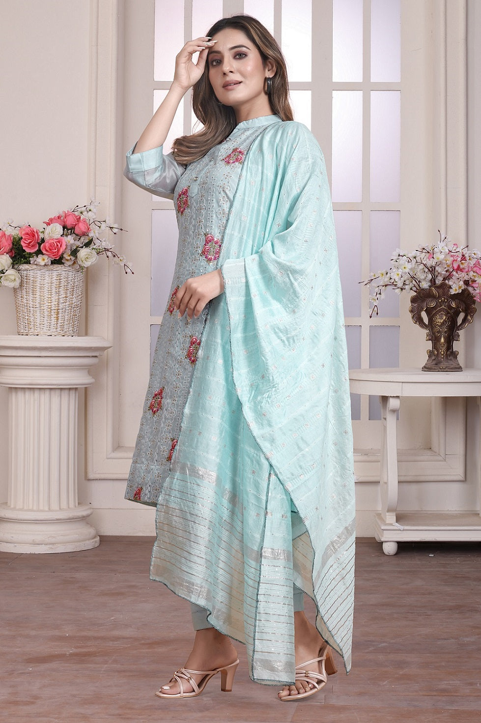 SKY BLUE MUSLIN EMBROIDERED KURTA SET