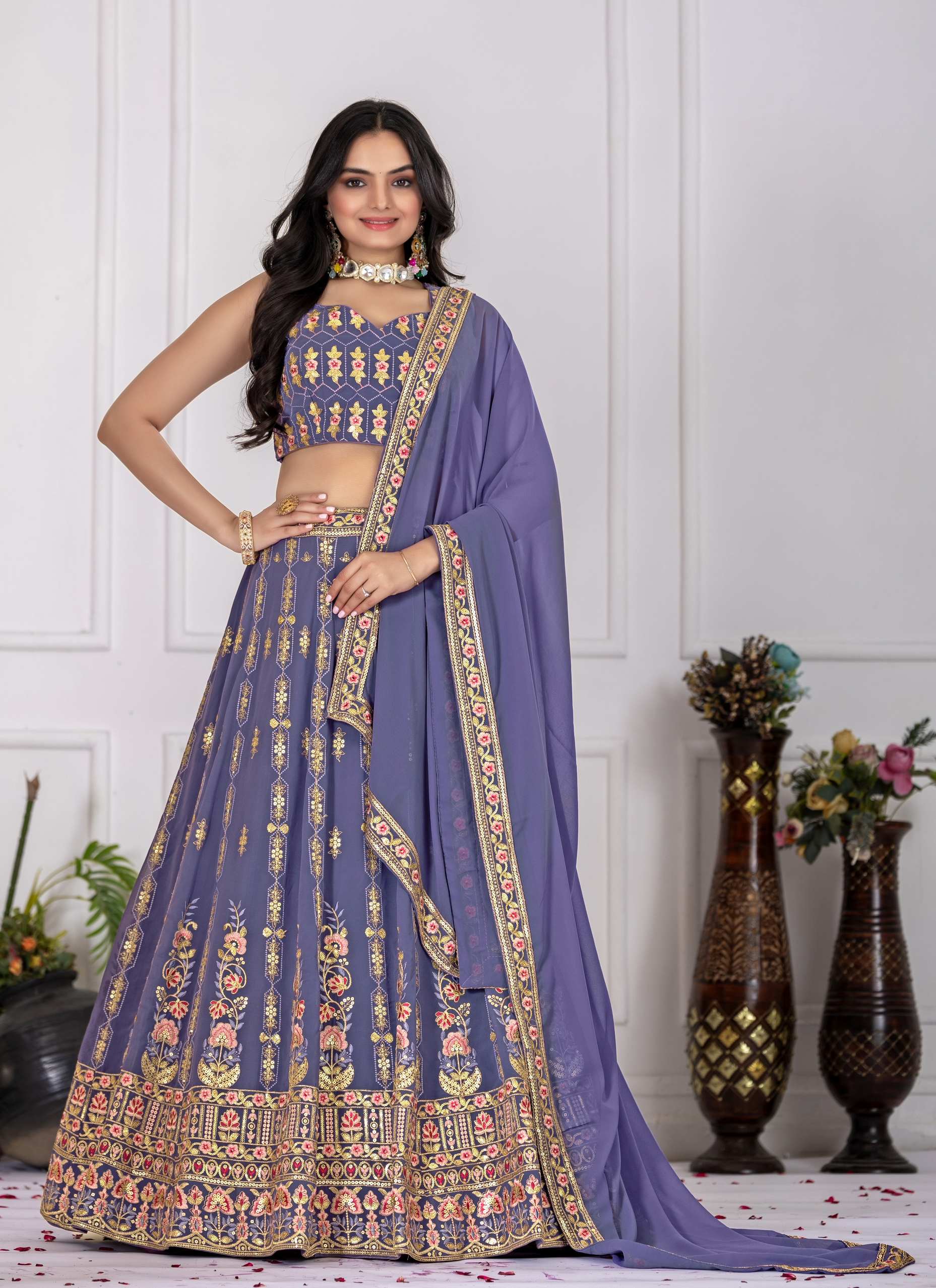🌸 Lavender Bloom Embroidered Georgette Lehenga Set