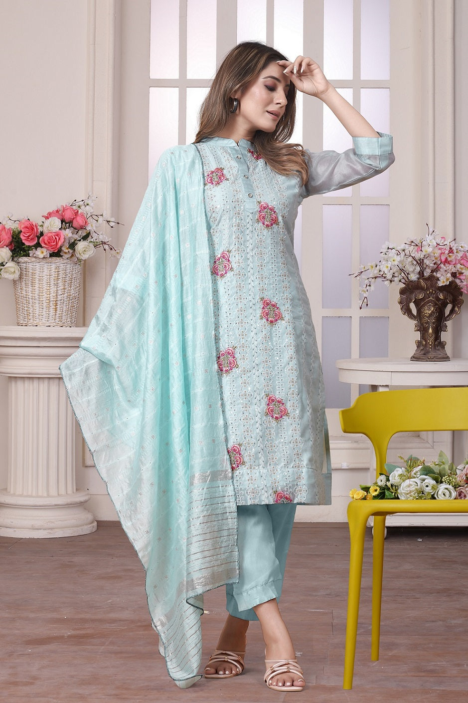 SKY BLUE MUSLIN EMBROIDERED KURTA SET