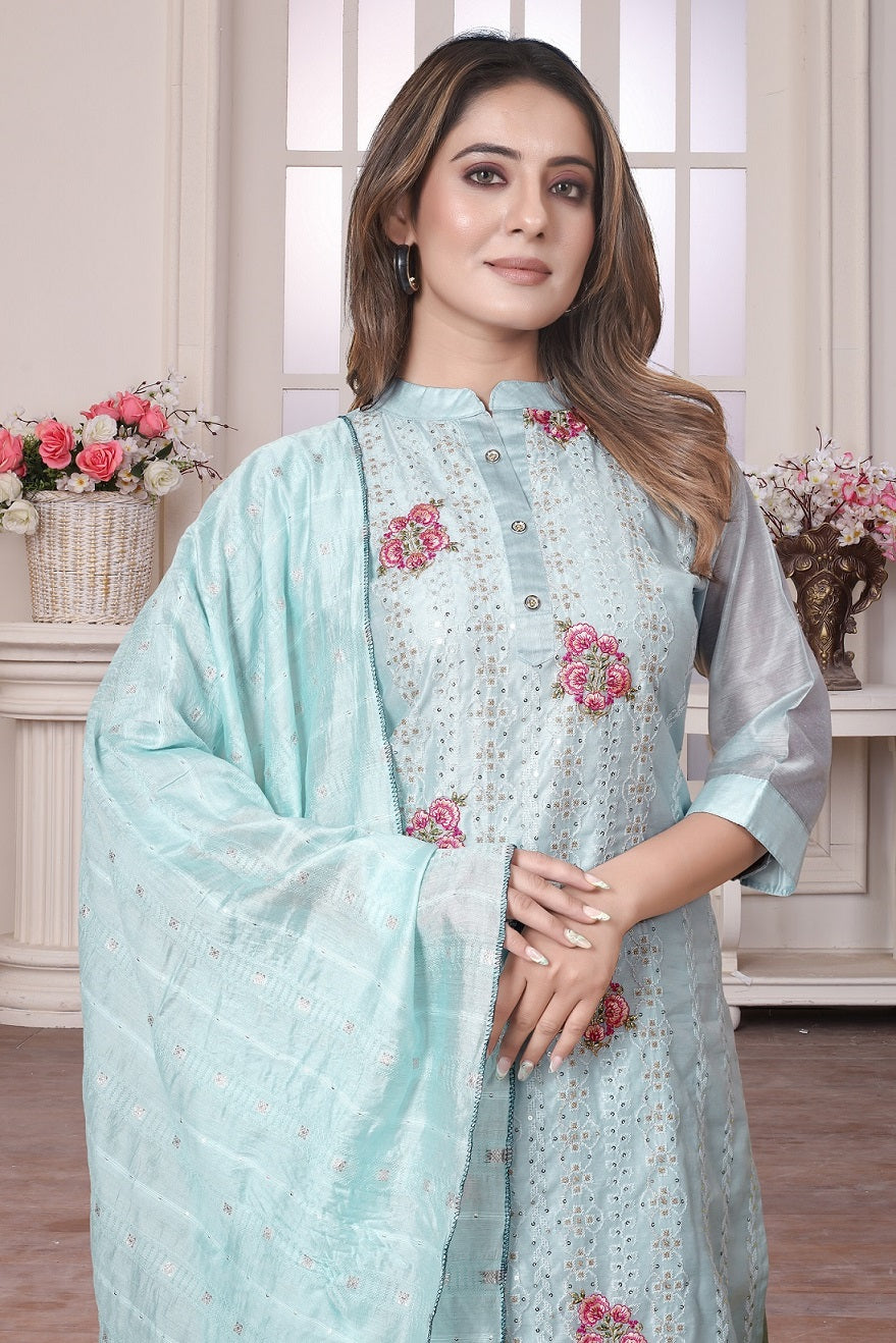 SKY BLUE MUSLIN EMBROIDERED KURTA SET