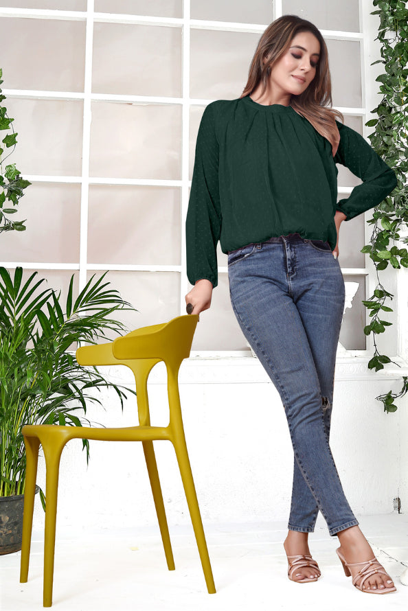 EMERALD POLKA DOT GEORGETTE TOP WITH PUFF SLEEVE