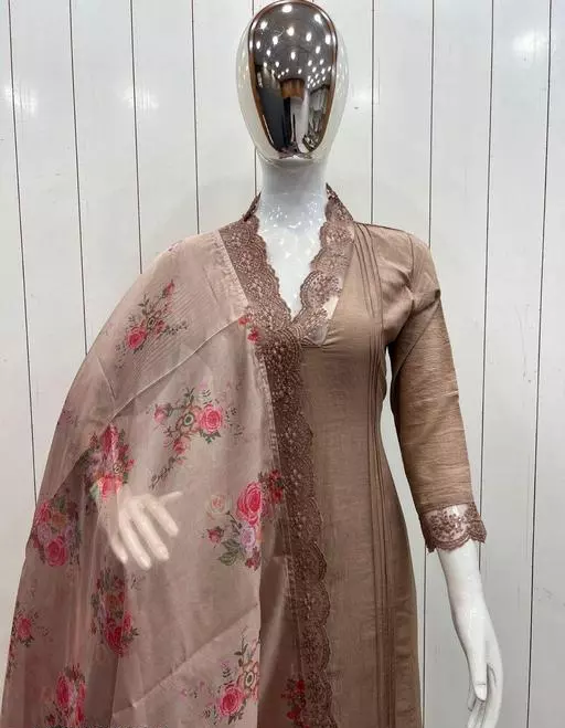 CHIKU LACE WORK STRAIGHT COTTON SILK KURTA SET