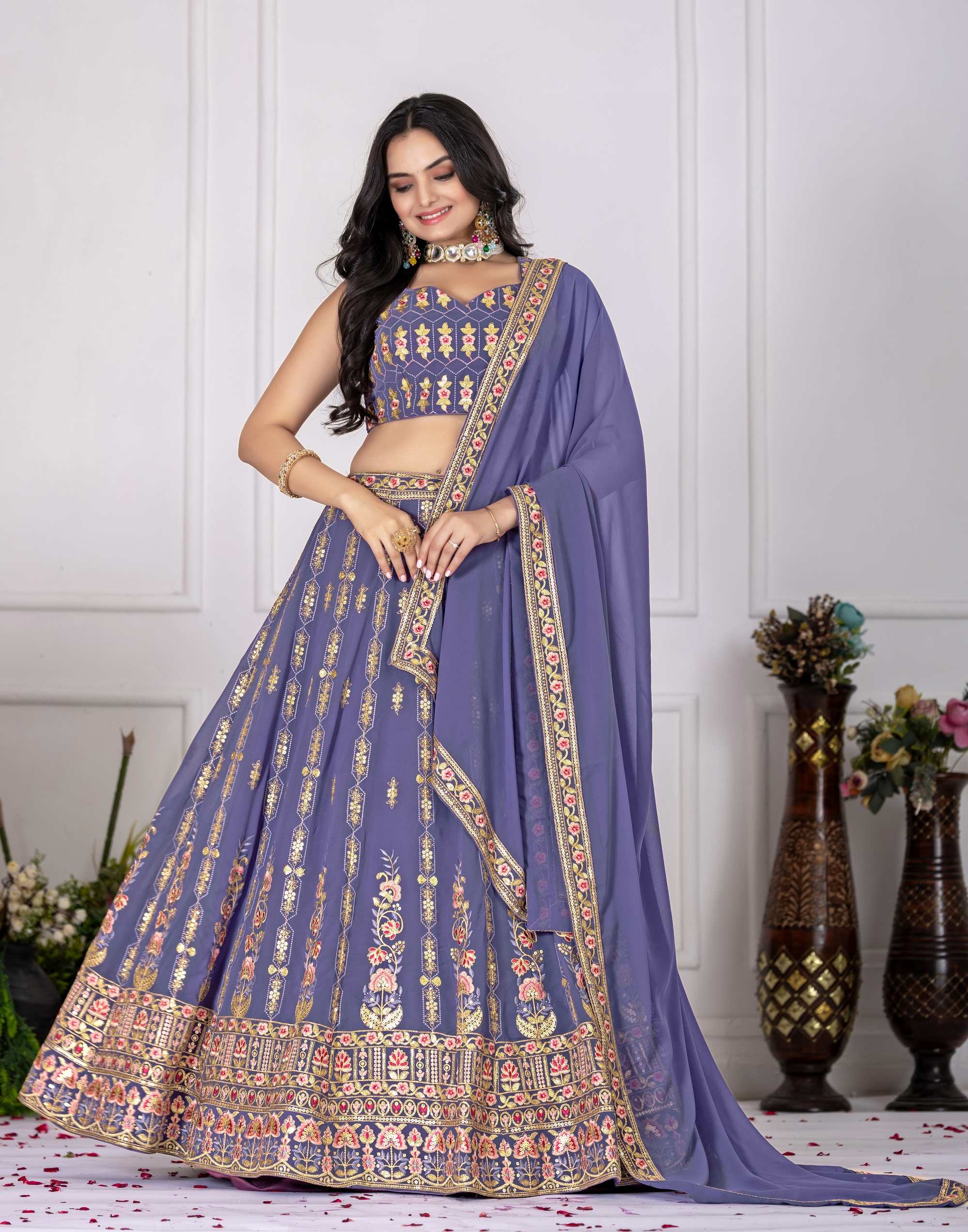 🌸 Lavender Bloom Embroidered Georgette Lehenga Set