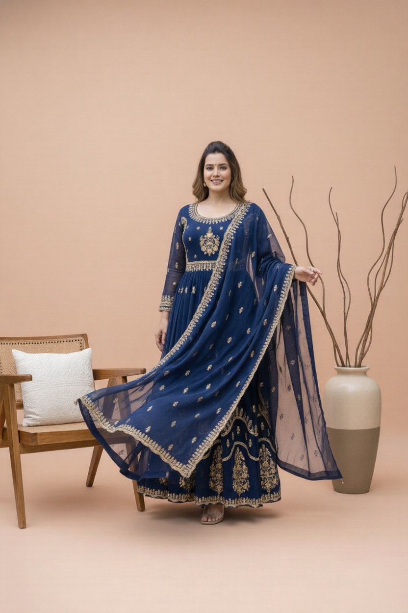 ✨ Royal Navy Blue Embroidered Georgette Maxi Gown With Dupatta