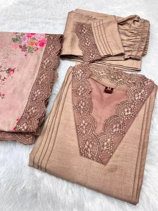 CHIKU LACE WORK STRAIGHT COTTON SILK KURTA SET